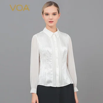 

VOA water light white silk jacquard polo collar Tucker pleat single breasted simple contrast Georgie splicing Sleeve Shirt B9265