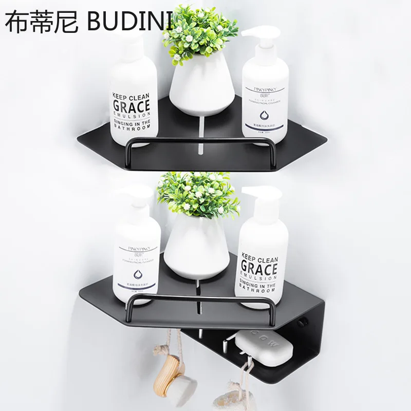

Space Aluminum Bathroom floating Shelves Storage Hooks Hole Shower Room Multifunctional Bath Supplies Toilet Storage Rack