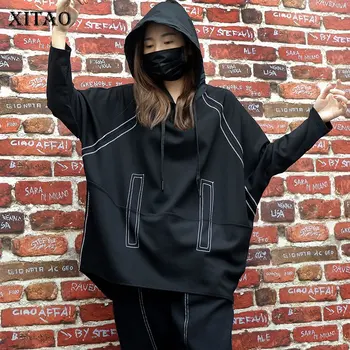 

XITAO Irregular Black Hoodies Women Fashion Plus Size Hooded Collar Patchwork Bandage Loose Elegant Minority Hoodies GCC2344