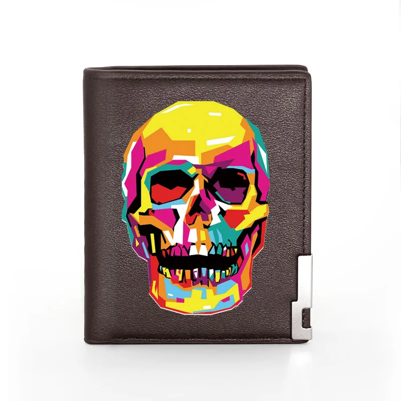 High Quality Fire Skull Cover Men Women Leather Wallet Billfold Slim Credit Card/ID Holders Inserts Male Short Purses 