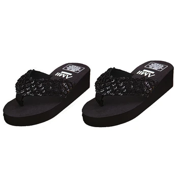 

2 Pair New Slippers Female Slippers Wedges Platform Elevator Slip-Resistant Paillette Beach Flip Flops Black, US Size 7 & US Siz