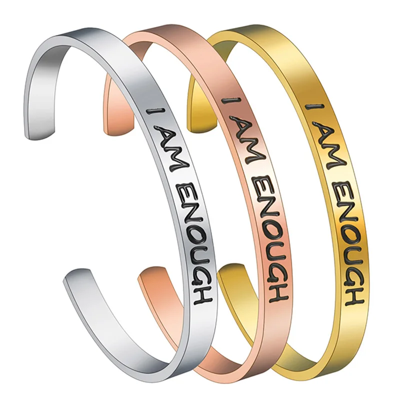 I AM enough ELSEMODE 12 стильных вдохновляющих браслетов-манжет из нержавеющей стали, мотивационные украшения для друзей - Metal Color: I AM enough