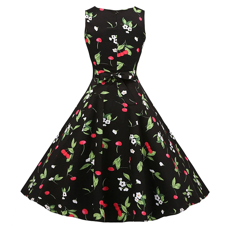 Kostlish Cotton Summer Dress Women 2017 Sleeveless Tunic 50s Vintage Dress Belt Elegant Print Rockabilly Party Dresses Sundress (80)