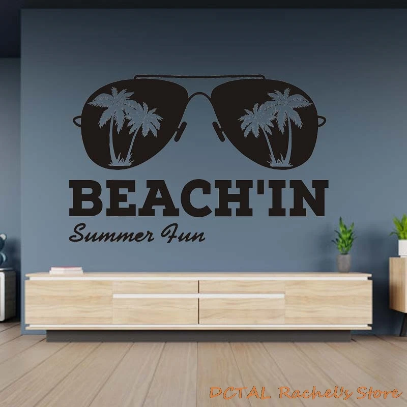 Seashore Sticker Home Decor Vinyl Decal Coconut Tree Glasses Beachin Summer Fun