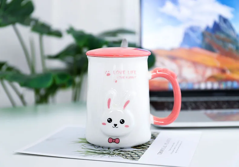 Korean style creative Korean cartoon bunny ceramic cup with lid with spoon student cup office mug children's room decoration