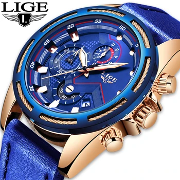 

LIGE Business Men Watches Top Brand Luxury Military Blue Sports Leather Wrist Watch For Man Clock Fashion Chronograph Wristwatch