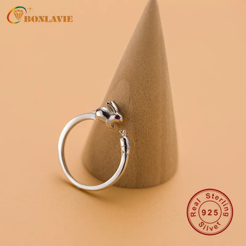 BONLAVIE S925 кольцо из чистого серебра с кроликом редисом милый кролик регулируемое