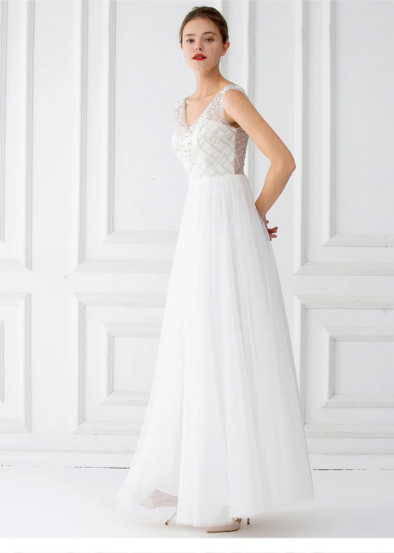 BackalkeGirls Vestido De Noiva Princesa сексуальное Тюлевое вечернее платье с v-образным вырезом и бисером без рукавов с глубоким v-образным вырезом на молнии сзади
