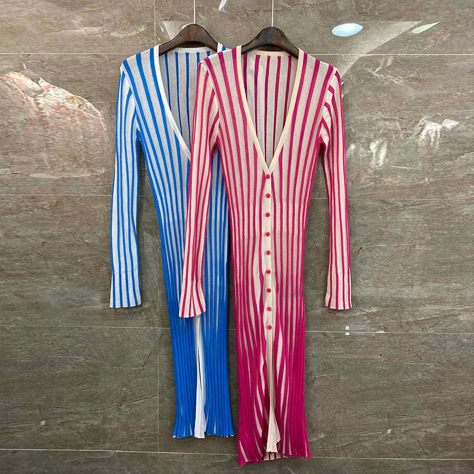 Ailigou 2020 Summer New Women'S High-Quality Sexy V-Neck Button Pink Striped Split Sweater Dress Elegant Club Banquet Dress