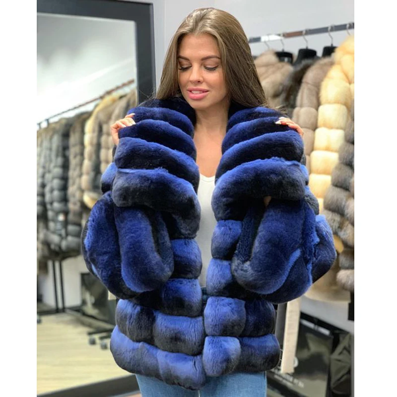 Новая полосатая шуба из кролика Рекс, натуральная цветная верхняя одежда, пальто с натуральным мехом, куртка, толстое теплое длинное пальто из Шиншиллы