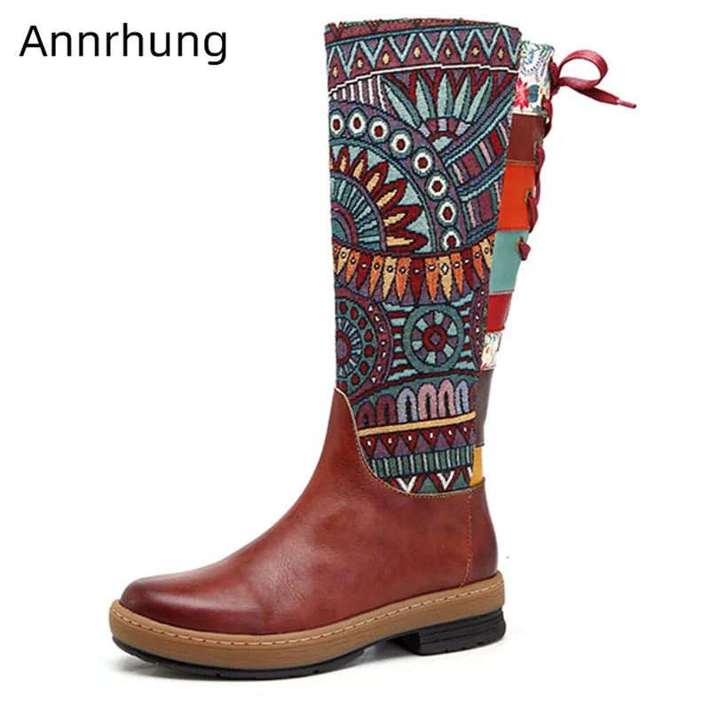 

Cozy Winter Boots Women Bohemia Style Mixed Color Mid Calf Boots Round Toe Low Heel Cross Tied Bottes Genuine Leather Bota Femme