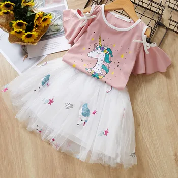 

Girls Clothing Set 2020 New Summer Cartoon Unicorn Short Raglan Sleeve T-shirt +Mesh Ball Gown Dress Girl 2pcs Clothes Sets 3-7Y