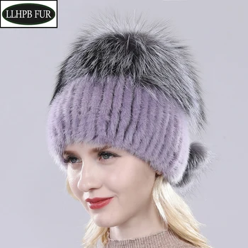 

2020 Women Winter Luxury Hand Knitted Real Mink Fur Hat Natural Warm Top Fox Fur Mink Fur Cap Lady Quality Genuine Mink Fur Hats