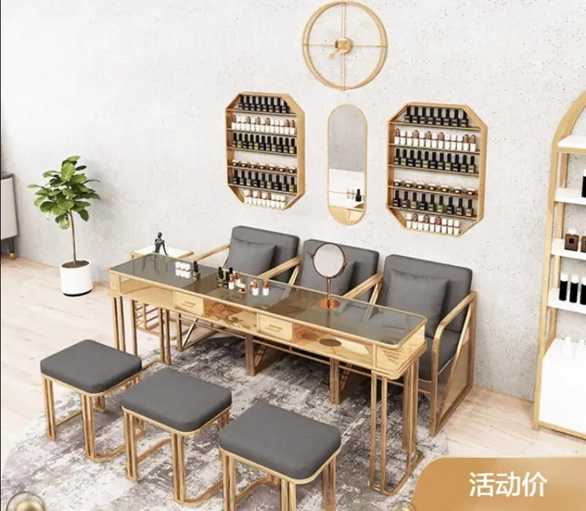 

Manicure table and chair set set set, iron manicure table, marble glass surface, single person, double person and three person