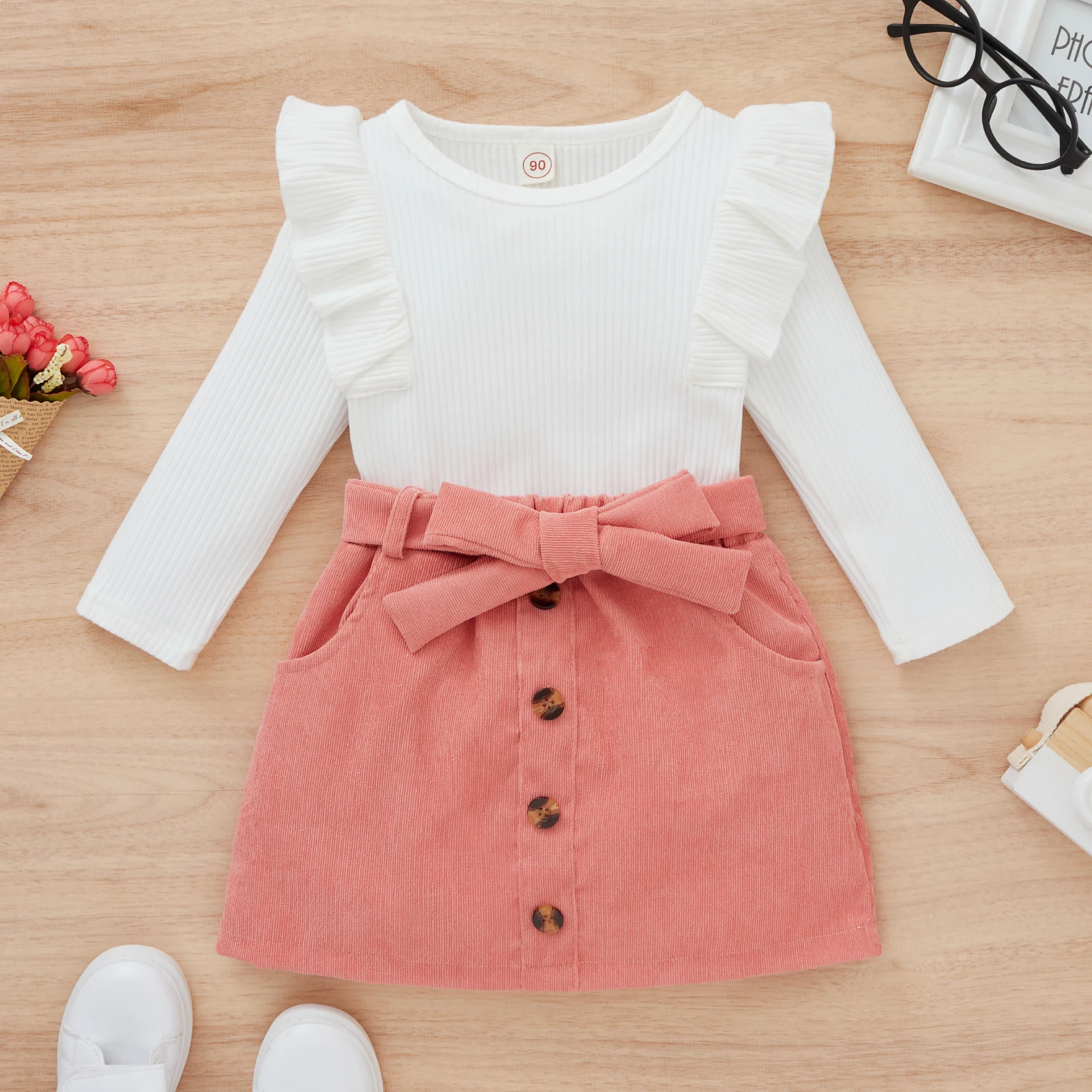 Citgeett Spring Toddler Baby Girls Outfit Knitted Ribbed Ruffles Long Sleeve Tops + Solid Color Buttons Skirt Autumn Clothes Set