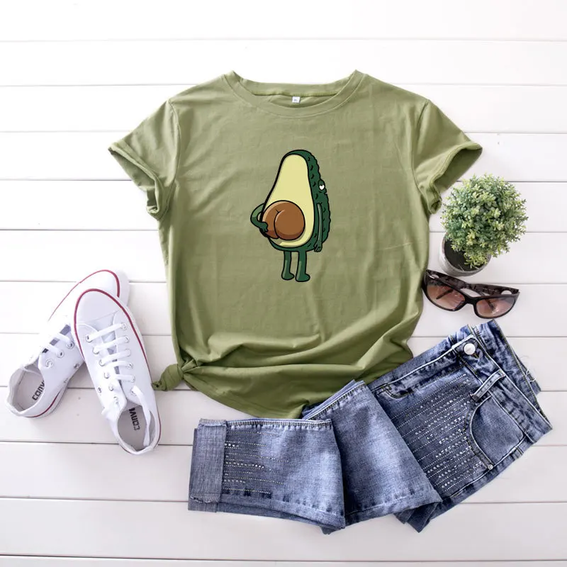 XXXXXL Women Summer Tshirt Cotton Avocado Print T-Shirt Short Sleeve O-Neck Tee Shirt Plus Size Pink Tee Top Korean Style