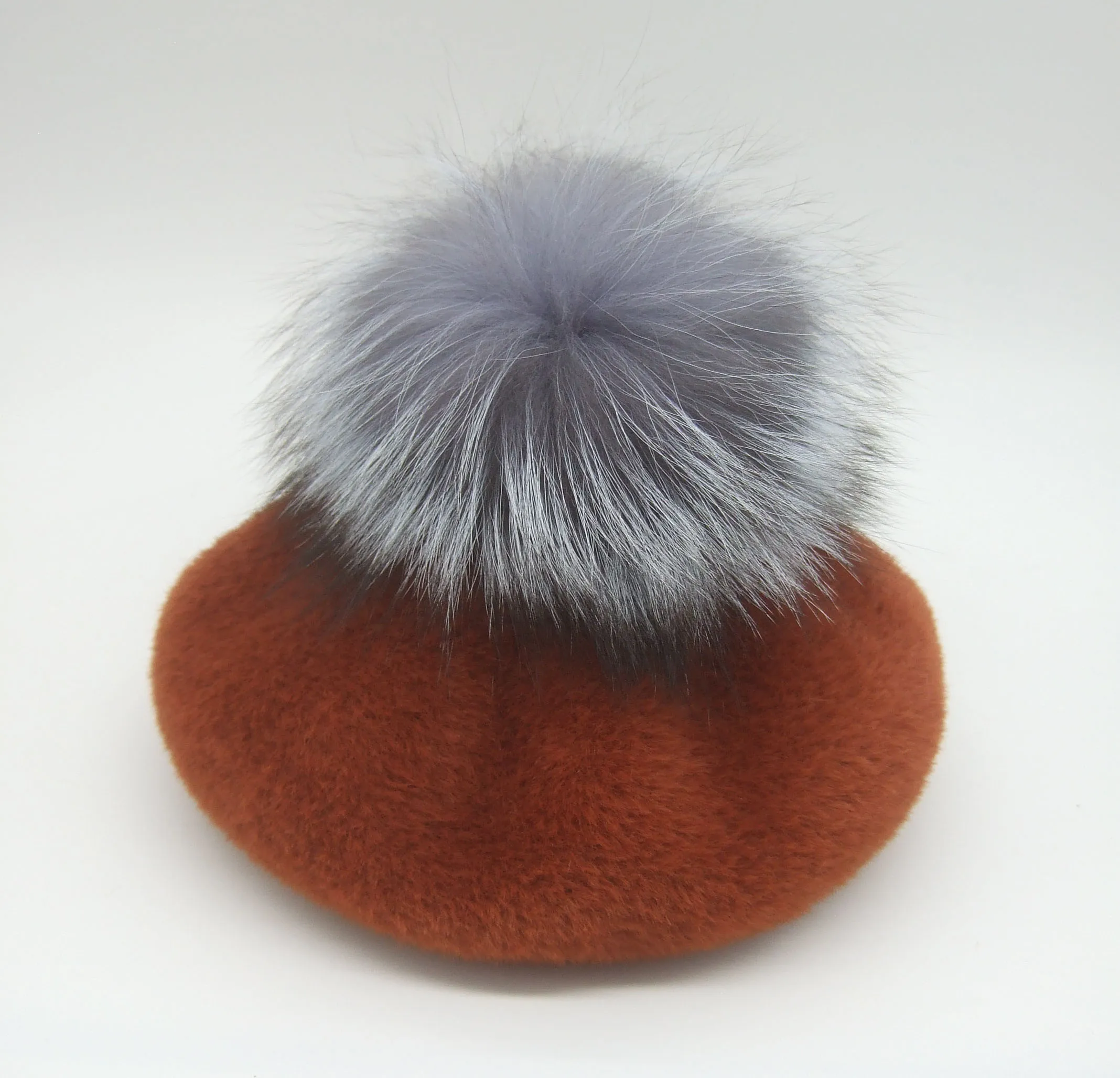 silver fox pompom Зимние женские повседневные шерстяные береты шапки толстые теплые енот 14 см Настоящий мех помпон вязаные кашемировые береты шапки зимняя шапка для девочек - Цвет: silver fox pompom