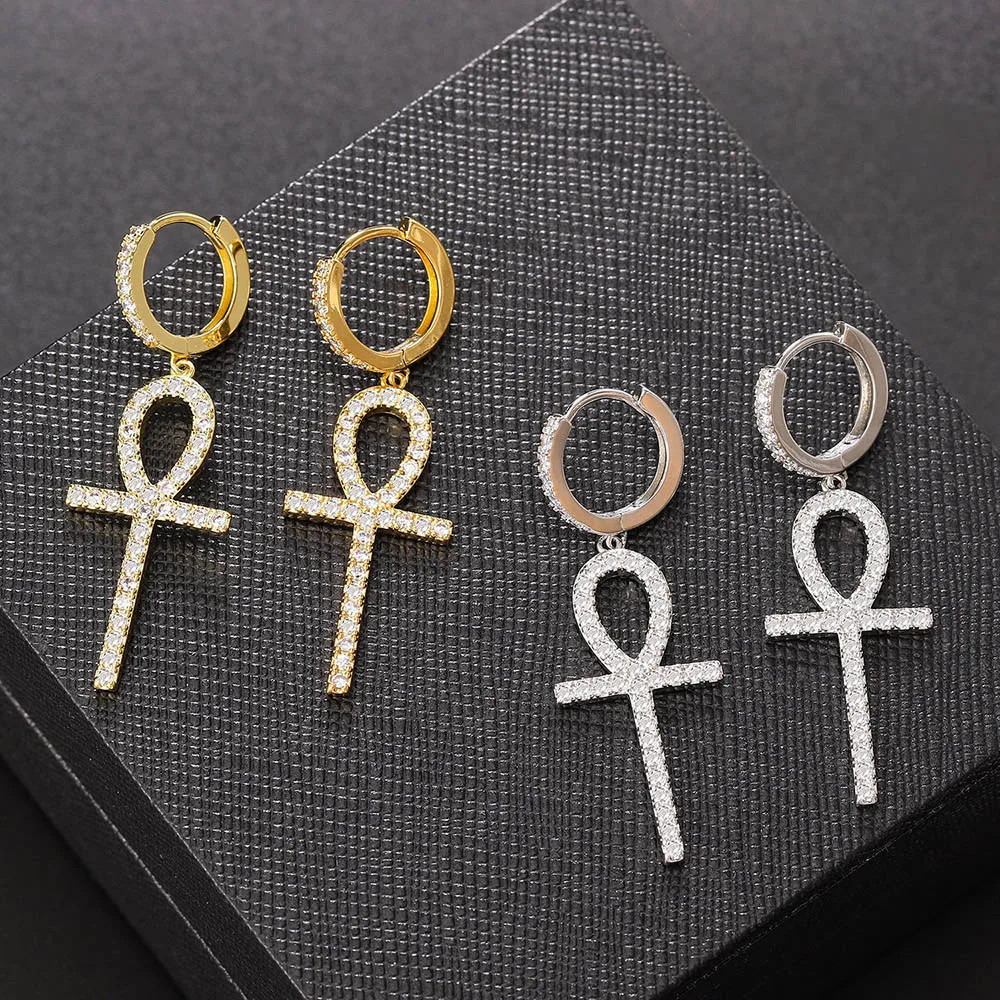 Hip Hop Ankh Dangle Hoop Earrings For Women Rock Punk Accessories Iced Out Zircon Clip On Earings Men Fashion Jewelry OHE111 | Украшения и