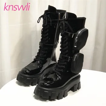 

Thick Bottom Monolith High Heel Motorcycle Boots Women With Pocket Long Boots Patent Leather Platform Shoes Woman Botas Mujer