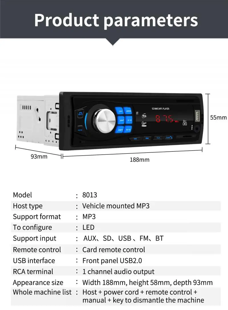 DC12V одиночный 1 din автомобильный стерео MP3 плеер головное устройство Bluetooth USB2.0 AUX сабвуфер радио автомобильный FM радио Автомобильный mp3 плеер комплект Прямая поставка