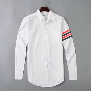 

2020 Fashion TB THOM Brand Shirts Men Slim White Red Black Striped Casual Shirt Turn Down Collar Oxford Solid Men's Clothing