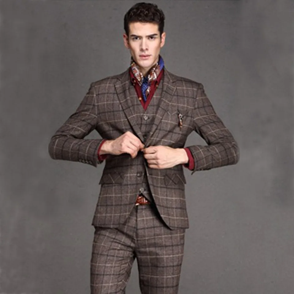 

Wool Mens Checked Blazer Men's Suit With Trousers Fabric Slim Fit Style Men Jackets CD50