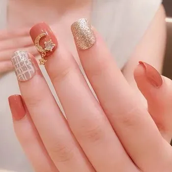 

24pcs Orange False Nail with Glue Full Cover press on nails 3D Moon Star Design Summer Style Glitter DIY false nails for girls