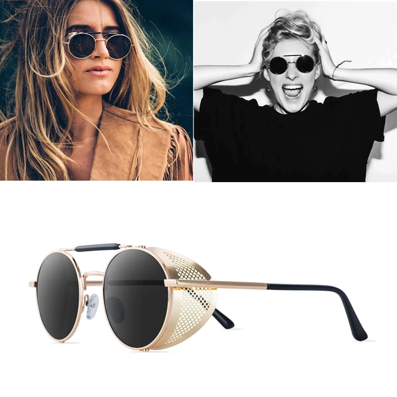 

VIETSDIA Vintage Retro Round Metal Sunglasses SteamPunk Style Side Mesh Brand Designer Glasses Oculos De Sol Shades UV Protection