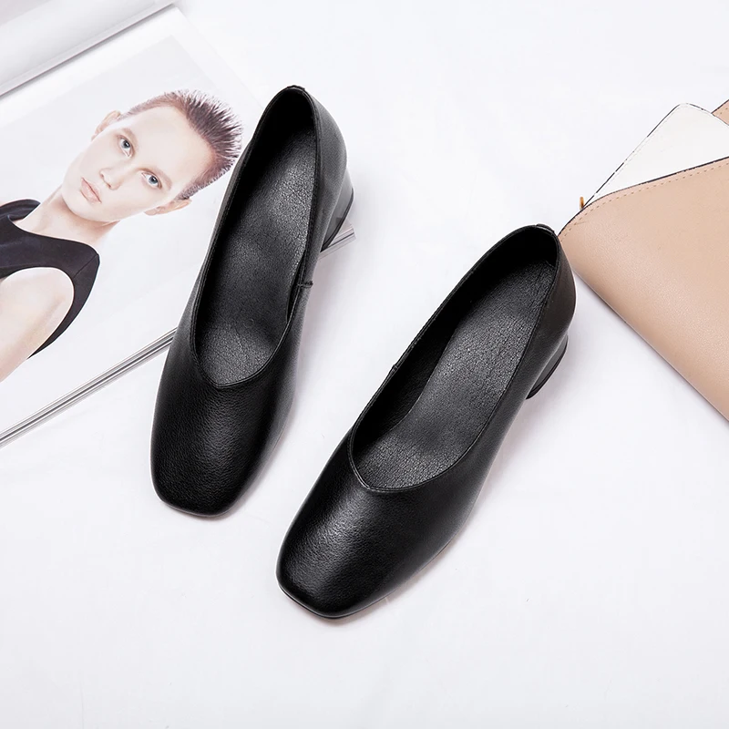 Mid Heels Women Genuine Cow Leather New Spring Autumn Elegant Ladies Heel Shoes C185 Woman Brown Black Square Toe Casual Pumps