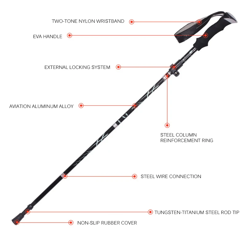 Trekking Pole Ultra-Light 5 Sections Fiber Lock Folding Rod Walking Trekking Climbing Poles Alpenstock Stick Travel Camping