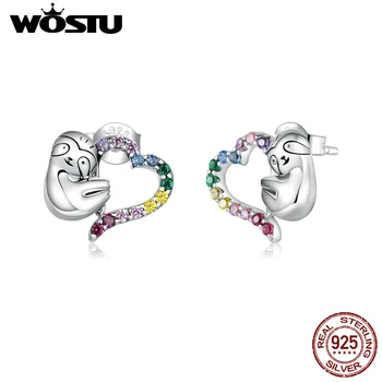 

Stud Earrings WOSTU Authentic 925 Sterling Silver Slow Sloth with Color Zircon Heart Women Earrings Stud Fine Jewelry CQE885