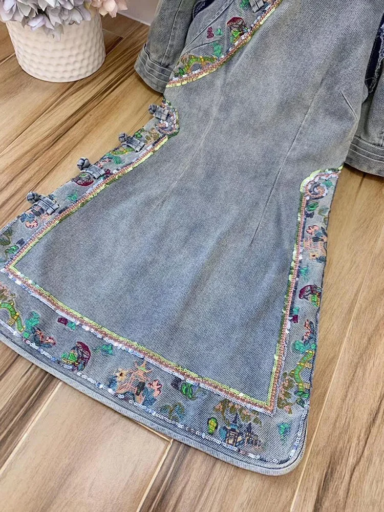 LINGHAN элегантное мини-платье Cheongsam с вышивкой Женская мода Стенд блёстки джинсовые платья дизайнер Весна Лето Новинка