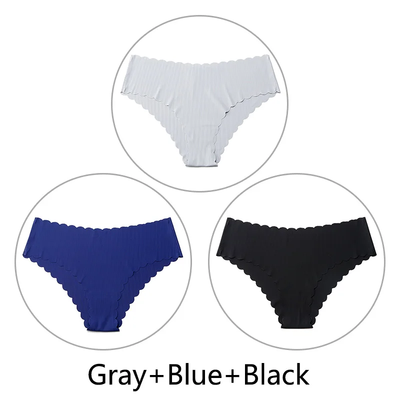 Gray Blue Black 3 шт./партия, сексуальные бесшовные трусики с оборками для женщин, полосатые трусы с низкой посадкой, цельное нижнее белье, женское нижнее белье, американский размер xs-l - Цвет: Gray Blue Black