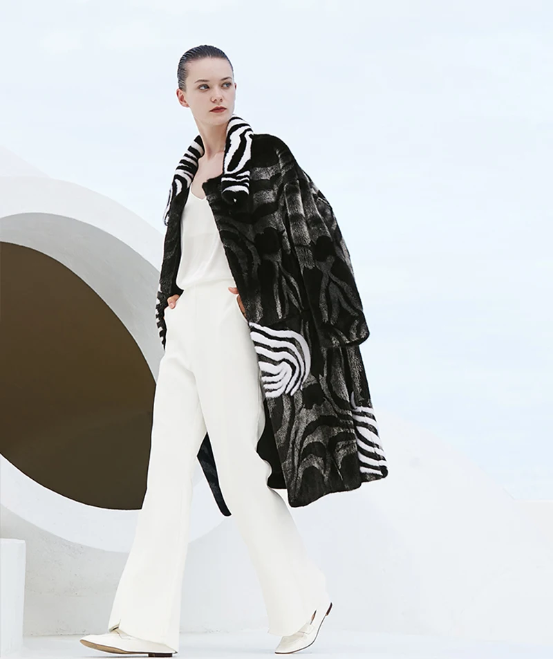 Ftangaiur Winter Import Velvet Mink Fur Coat Contrast Color Striped Mink Coat Women's X-Long Natural Real Mink Fur Coats