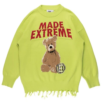 

Hip Hop Autumn Casual Mens Sweaters Streetwear Men Sweaters Teddy Bear Pattern Harajuku Vintage Cotton Oversize O-neck Pullover