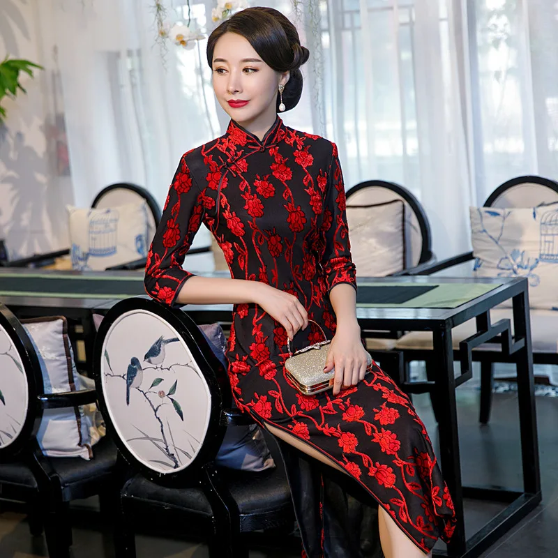 Сексуальное женское длинное платье Cheongsam в китайском стиле с рукавом три четверти, весеннее тонкое платье для вечеринок Vestido M-5XL