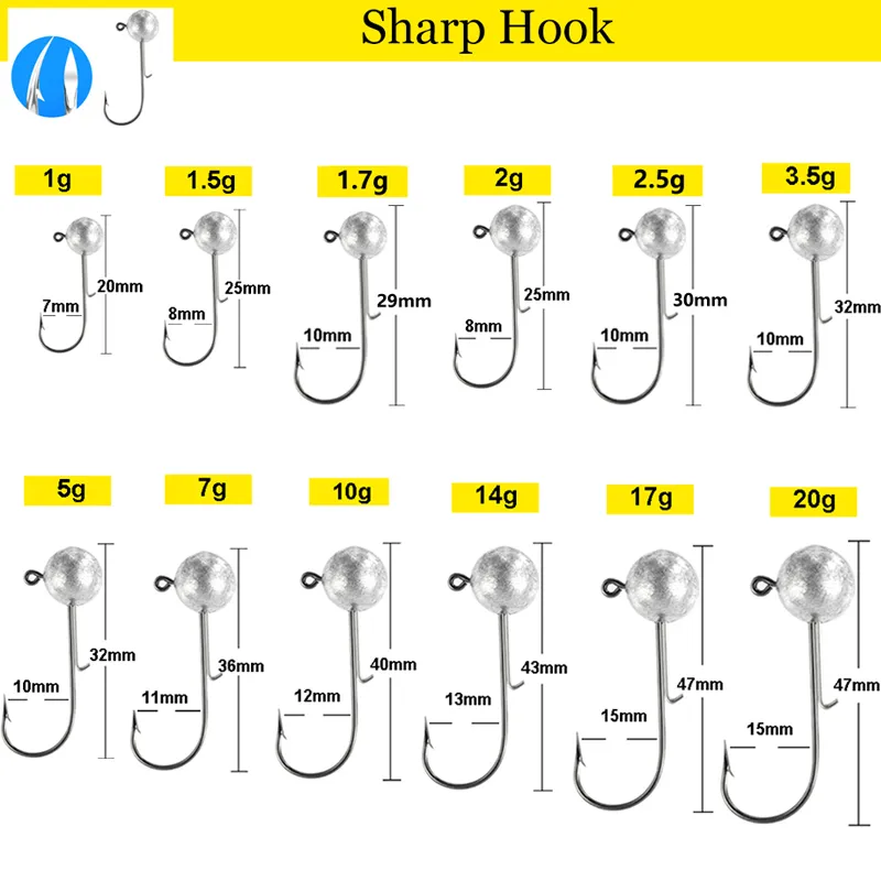 10pcs/lot big head jigs hook 1g-20g All size Round Ball Jig Head Hook  Weedless Long Shank Jig Head For Soft Worm Fishing