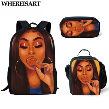 

WHEREISART 3pcs/set School Bags for Kids Afro Black Girls African Backpack Children Mochila Escolar Teenagers Book Bags Satchel