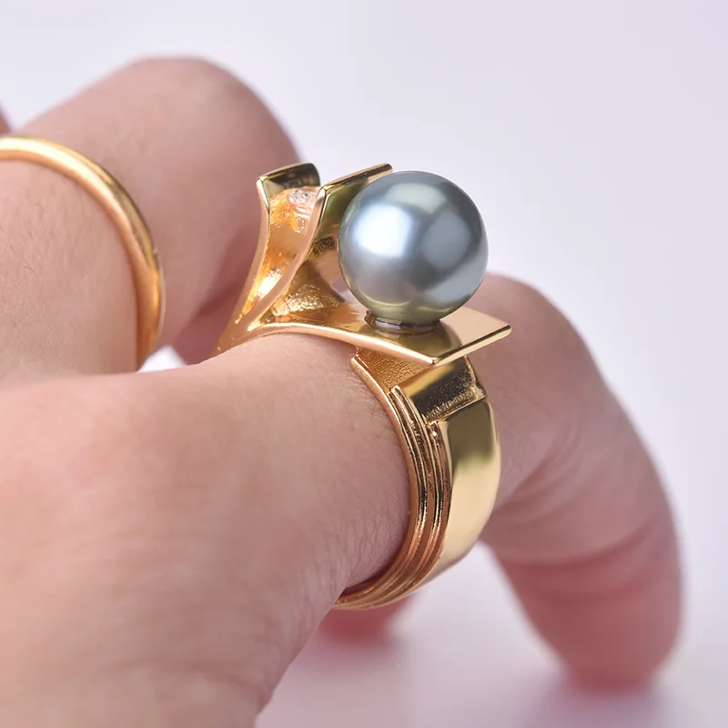 Уникальное Стильное женское геометрическое кольцо на палец, модное обручальное кольцо с зеленым жемчугом для женщин, роскошные вечерние кольца из серебра и золота