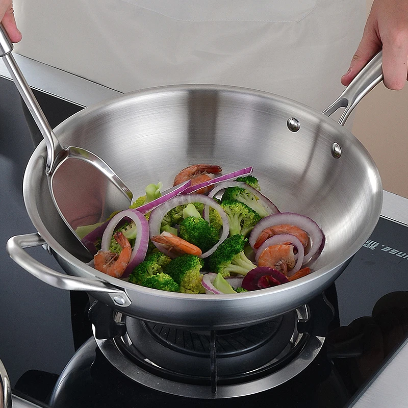 

Simple 304 stainless steel three-layer wok noodle pot induction cooker gas universal flat bottom steak frying pan LB50928 panela