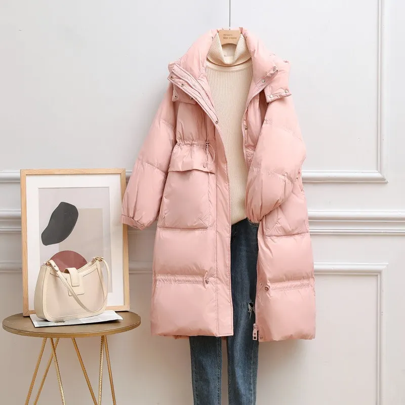 long bubble coat Down Jacket Women Drawstring Waist Mid-length Parka Thick 2022 Korean Fashion Loose Soft White Duck Down Hooded Jacket JD1961 waterproof puffer coat Coats & Jackets