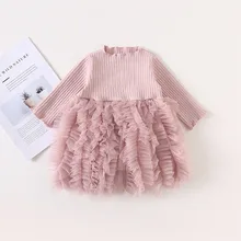 Весенне-осеннее Новое вязаное платье принцессы в полоску для девочек нарядные платья детская одежда с длинными рукавами