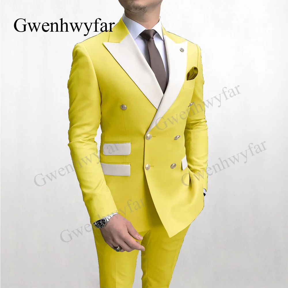 Gwenhwyfar Solid Navy Men Party Tuxedos Suits 2 Pieces Latest Mix Color White Lapel Men Suits Gold Buttons Fashion Style