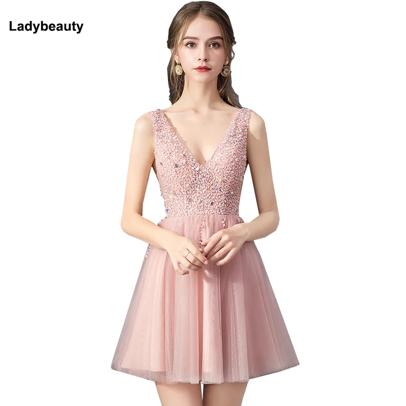 Ladybeauty/сексуальное короткое вечернее платье с v-образным вырезом, украшенное бисером, Новое поступление года, блестящие прозрачные платья для выпускного вечера с открытой спиной