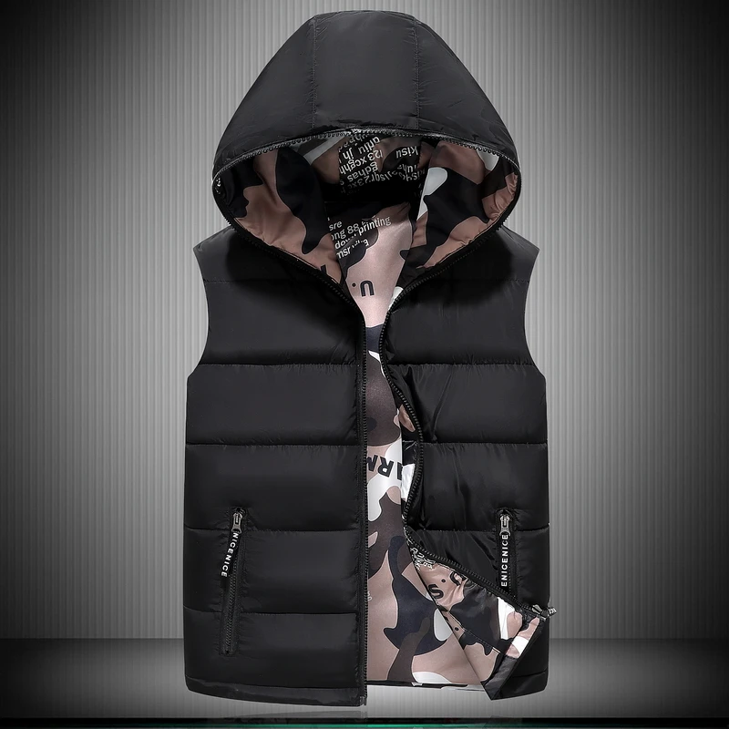 Fashion Reversible Men Vest Winter Men Brand Hooded Vest Male Cotton-Padded Waistcoat Jacket And Coat Warm Vest Nice Pop