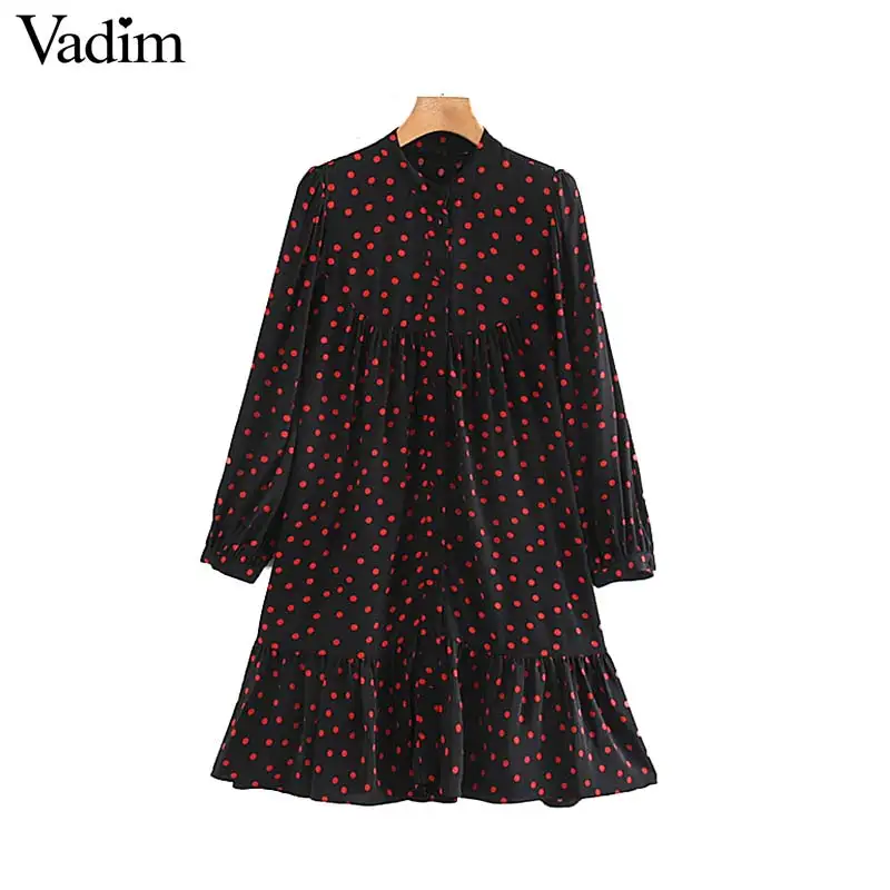 

Vadim women elegant dots print dress long sleeve casual wear female black mini dresses stylish straight vestidos mujer QC956