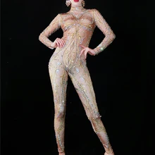 Женские Стразы телесного цвета комбинезон с длинными рукавами, боди, декорированное камнями производительность вечерние роскошный сексуальный костюм танцевальный наряд