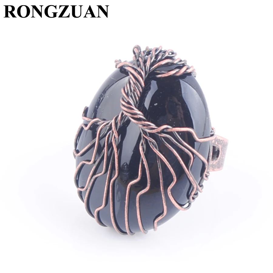

Copper Wire Wrapped Life Tree Finger Ring for Women Natural Egg Shaped Black Onyx Stone Adjustable Rings Charm Jewelry TX3059