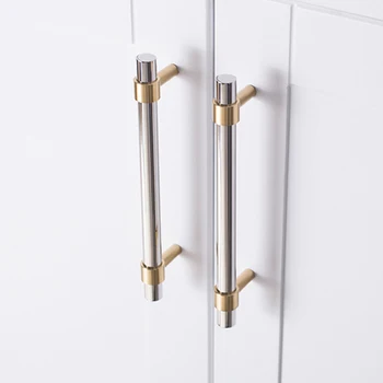

304 stainless steel+ Brass Furniture Handles and knobs T-bar Cabinet Hardware long handles Drawer Pulls Bedroom Silver Knobs
