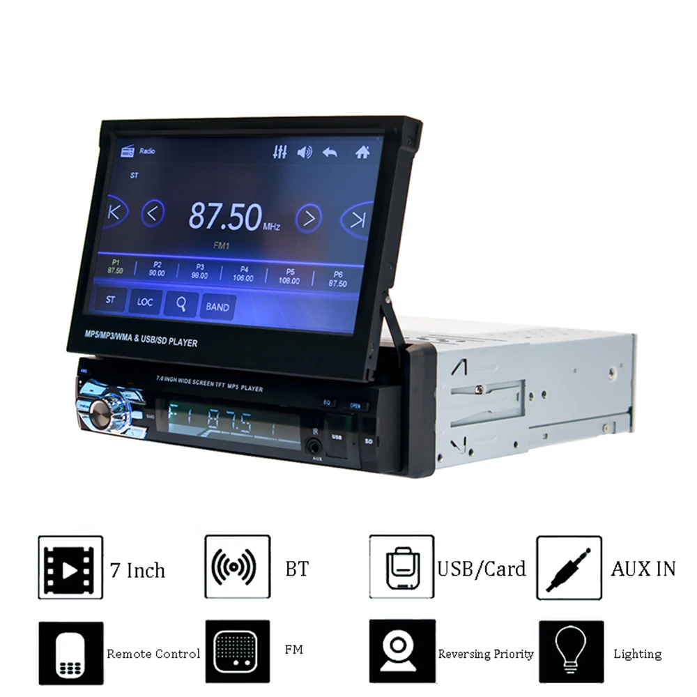 1 Din Car Radio 7 inch Electrical MP5 Media Player Bluetooth USB/TF/FM/SD Rear Camer Reverse Image Touch Screen Stereo Receiver